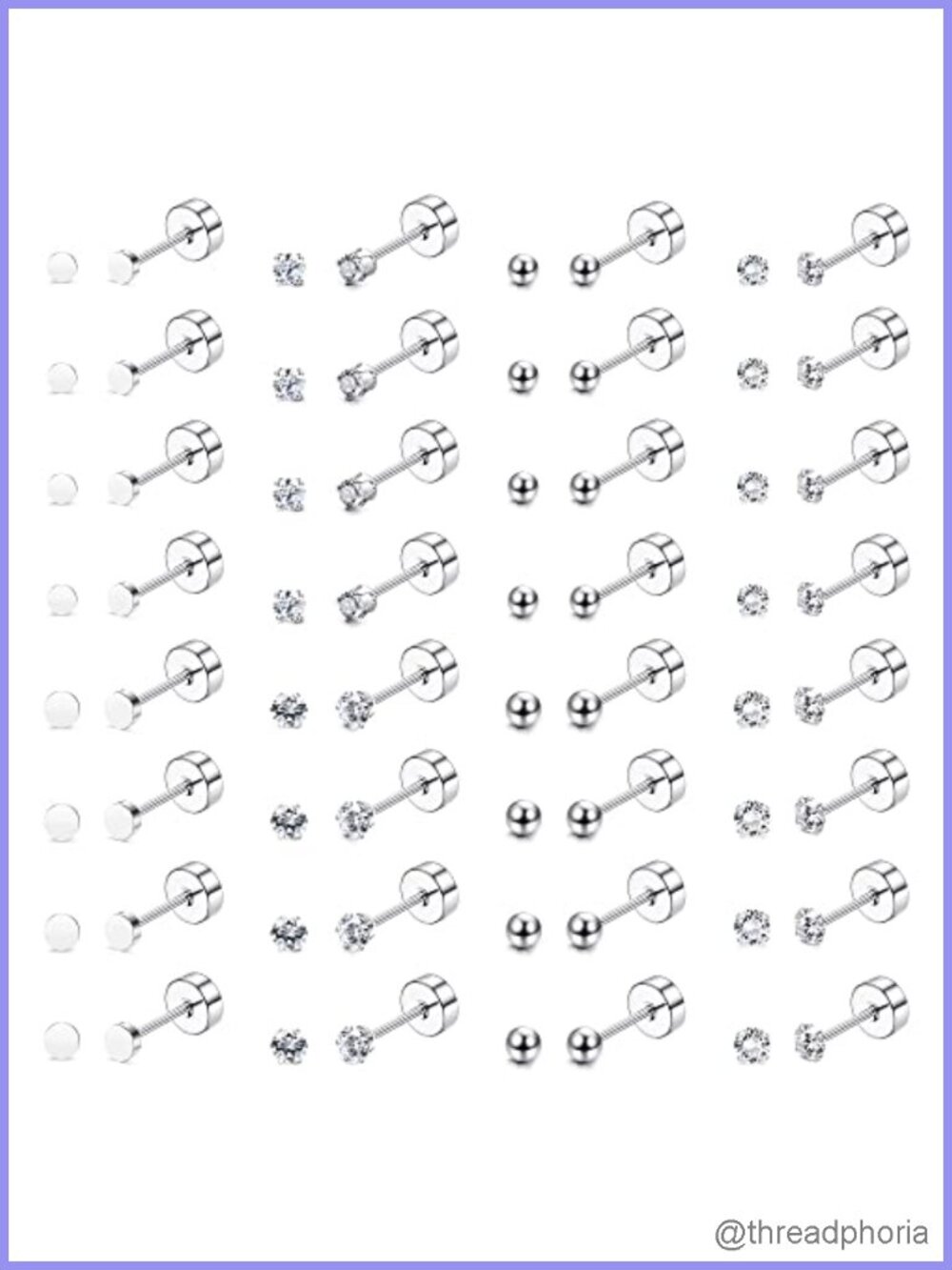 16Pairs Flat Back Stud Earrings Set Surgical Steel Hypoallergenic 20G Cartilage